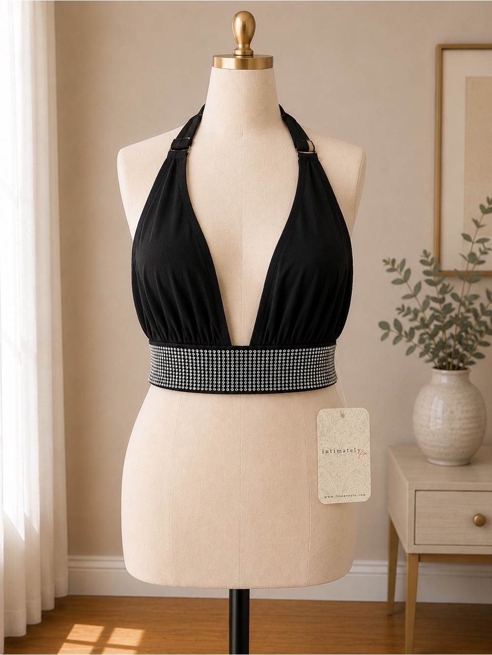 NWT Intimately Free People Rhinestone Halter Bralette Top Black M